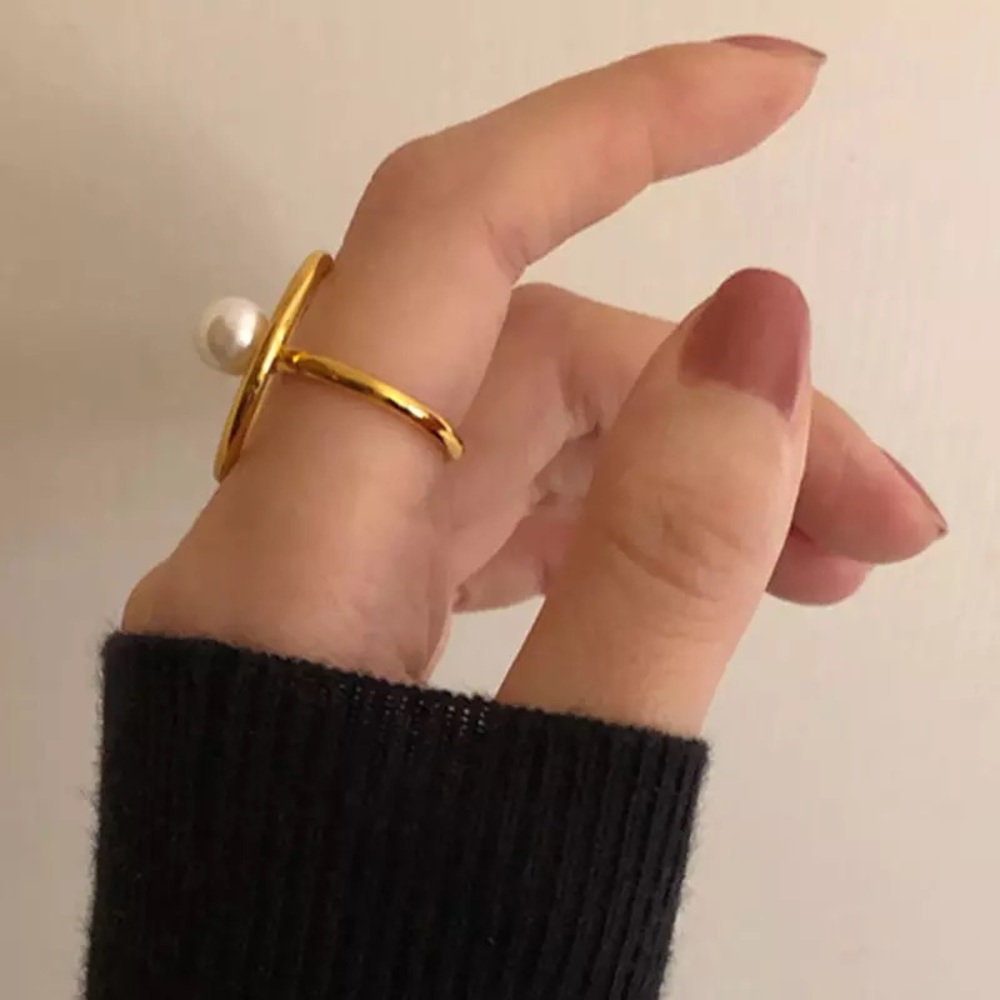 Korean Vintage Geometric Round Pearl Gold Open Ring - Picture 7 of 8